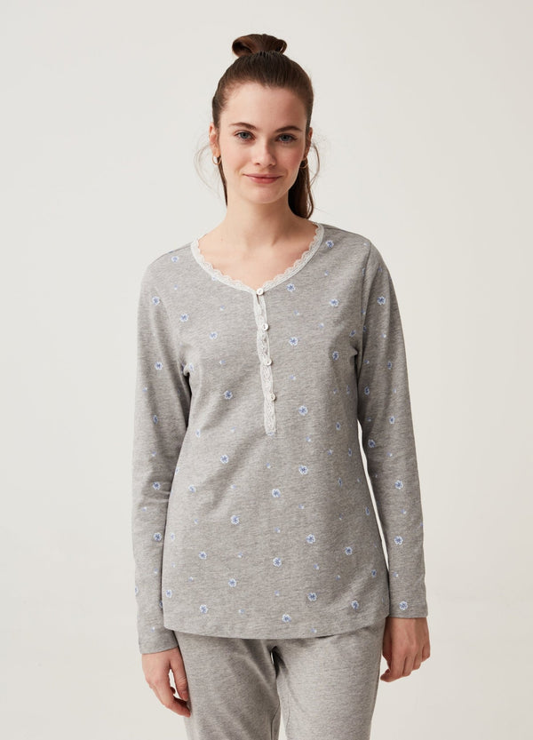 Cotton full-length pyjamas with granddad neckline