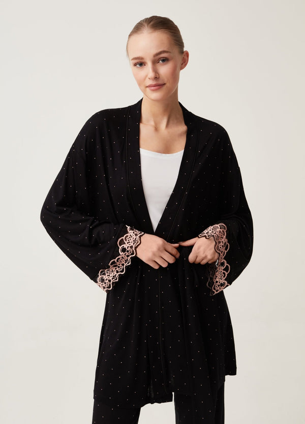 Polka dot viscose robe with lace