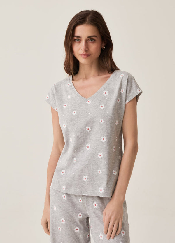 Pyjama top in cotton with flower and polka dot print